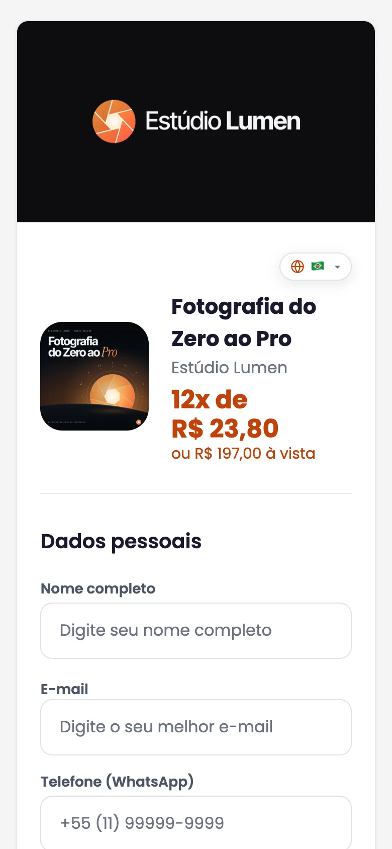 Checkout da Sunize no celular com o curso Fotografia do Zero ao Pro, do Estúdio Lumen