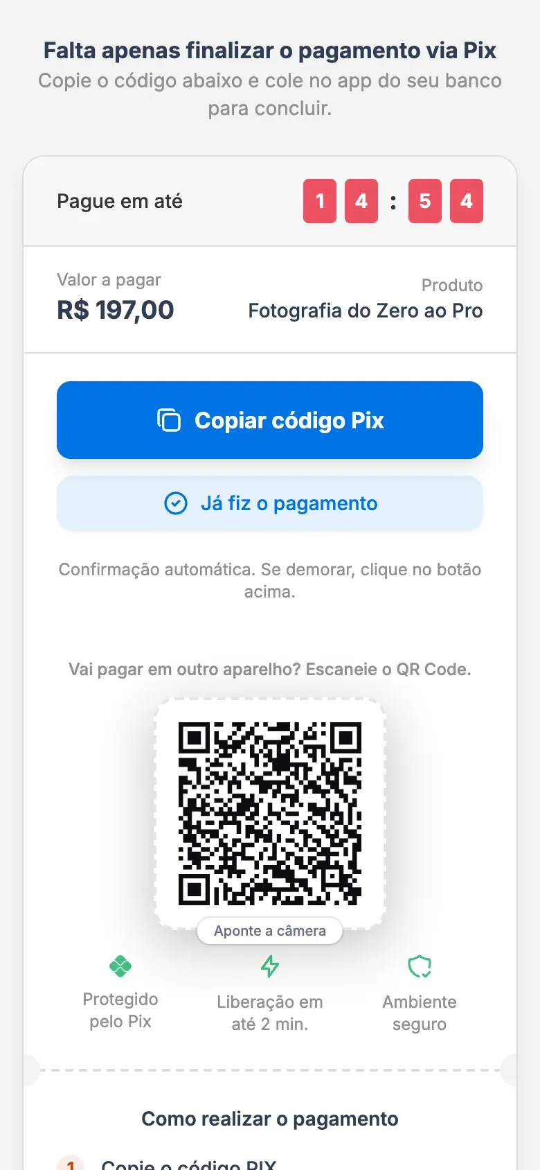 Tela real de Pix gerado no checkout Sunize, no celular: contador de expiração, botão Copiar código Pix e QR Code